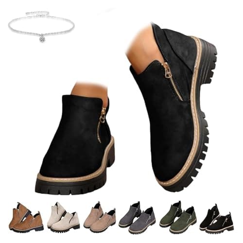 Image of Women's Round-Toe Ankle Boots with Side Zipper,Women's Leopard Print Ankle Booties, Orthopedic Suede Chunky Heel Chelsea Boots,Non Slip Wide Fit Suede Ankle Booties (Black,40 EU)