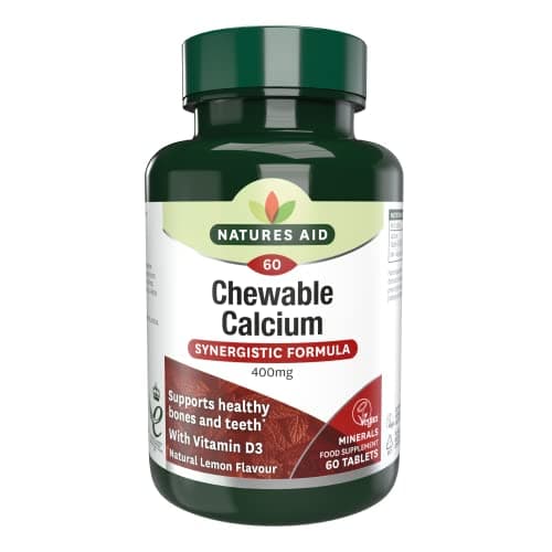 Image of Natures Aid Chewable Calcium 400mg with Vitamin D3 – Supports Bones, Teeth & Immunity – High Strength, Vegan, Non-GMO, Gluten-Free, Natural Supplement – 60 Lemon Flavoured Tablets