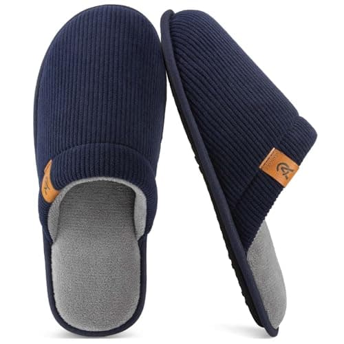 Image of VeraCosy Men's Corduroy Scuff Slippers Soft Comfy Memory Foam Non-slip Indoor House Shoes Dark Navy Blue, 10-11 UK