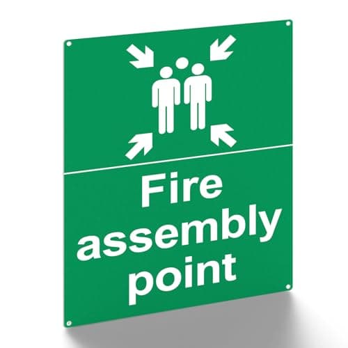 Image of Fire Assembly Point Sign - 400 x 300 x 1mm - Matte Rigid Plastic Fire Safety Signs with 4 Pre-Drilled Holes - Ideal Outdoor Safety Assembly Point