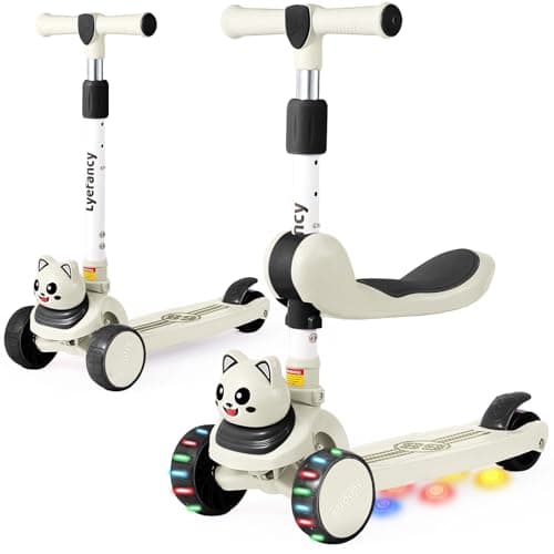 Image of Lyefancy 3 Wheel Scooter for Kids Age 2-8, Kids 2 in 1 Scooter with Detachable Seat, Childrens Folding Scooter with Music and Light up Wheels, Adjustable Height, Lean to Steer(Black+White)