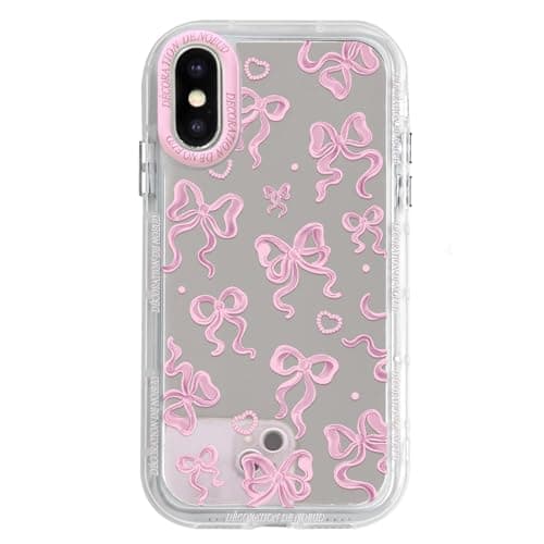 Image of NITITOP Compatible with iPhone XS Max Case Cute Mirror Bow Love Heart Pattern for Women Girls Ribbon Design Shockproof Silver Protective Phone Cover - Pink Bow