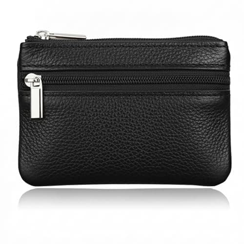 Image of Hibate Mini Coin Purse Holder Wallet Leather Purses for Women Men Kids Minimalist Zip Pouch with Key Ring - Black
