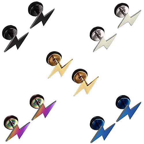 Image of 5 Pairs Stainless Steel Stud Earrings Set for Men Women Girl Boy, Men Earrings Gold, Lightning Silver Earrings for women, Titanium Black Earrings Studs Small Piercing Plugs Tunnel Hypoallergenic 8MM