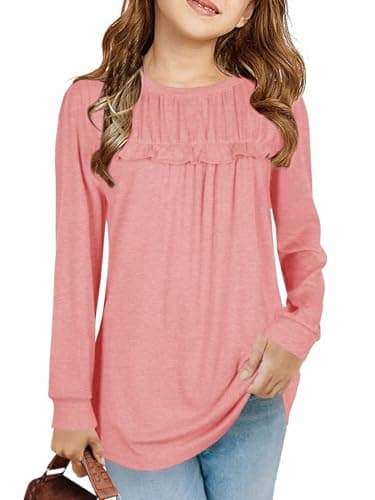 Image of Haloumoning Girls' T-Shirts, Tunic, Ruffles, Long-Sleeved Shirts, Leisure, Loose Tops, Cute Children's Soft Blouse, Pink, 12-14 Years