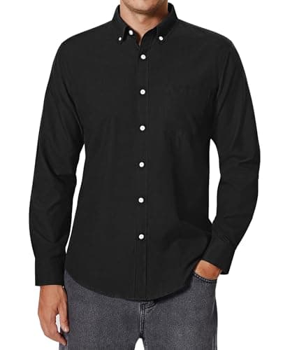 Image of siliteelon Black Shirts Men Oxford Long Sleeve Regular Fit Casual Plain with Pocket Smart Dress Button Down Shirts for Men Adult M