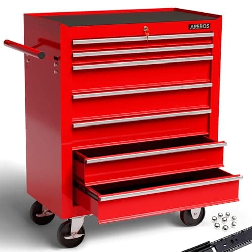Image of Arebos Tool Cabinet Workshop trolley 7 compartments | centrally lockable | incl. anti-slip mats | drawers with ball bearings | 2 castors with parking brake (red)