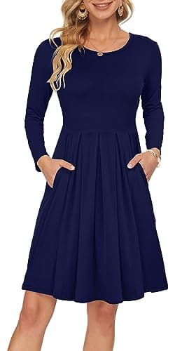 Image of AUSELILY Women's Long Sleeve Pleated Loose Swing Casual Dress with Pockets Knee Length Navy Blue L