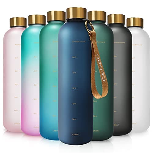 Image of Opard Large Capacity Water Bottle with Time Markers, 1 Litre, BPA Free Tritan, Gold Lid, Motivational Tracker, Removable Strap