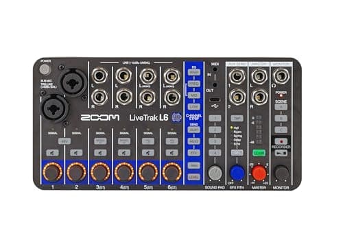 Image of Zoom LiveTrak L6 Digital Mixer/Recorder, Battery Powered, 32-Bit Float, 10-Channels, 2 Combo + 4 Stereo Inputs, MIDI, Effects, Sound Pads, 3-Band EQ, Audio Interface, For Music & Streaming