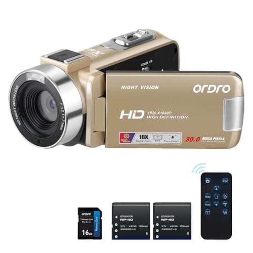 Image of ORDRO B320 1080P Camcorder with 16GB Card, 18X Digital Zoom, Night Vision, 270° Rotatable Screen, Full HD 1080P 30MP Camera, 2 Batteries Gold