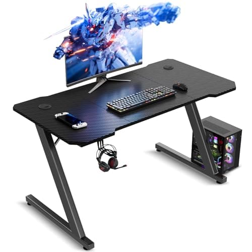 Image of TRIUMPHKEY Gaming Desk, 100x60CM Gaming Table, Robust Ergonomic Computer Desk, Carbon Fibre Surface, Headphone and Cable Management Hook, Modern Z-Frame, Carbon Black