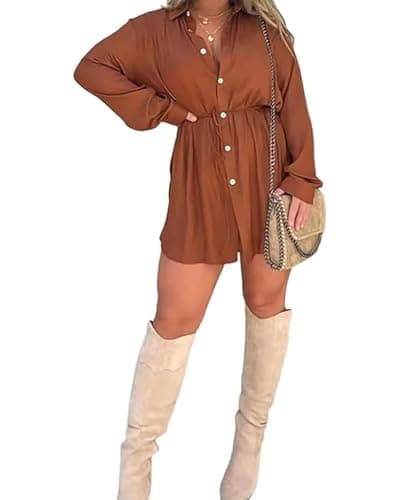 Image of Felcia Women Loose Fit Shirt Dress Casual Satin Nights Romper Dress Long Sleeve Lapel Collar V Neck Button Down Short Silk Dress (Brown A, S)