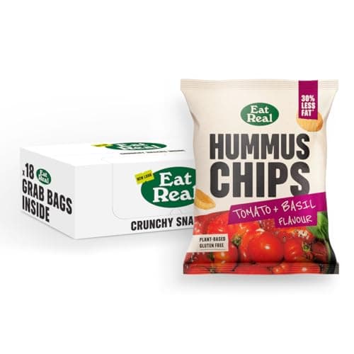 Image of Eat Real, Hummus Chips, Tomato and Basil, 18 X 45g, Gluten-Free Crisps Multipack, Vegan-Friendly, Healthy Snacks, Plant-Based