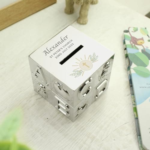 Image of Custom Personalised Religious ABC Money Box - For Communion, Christening, Baptism, Confirmation