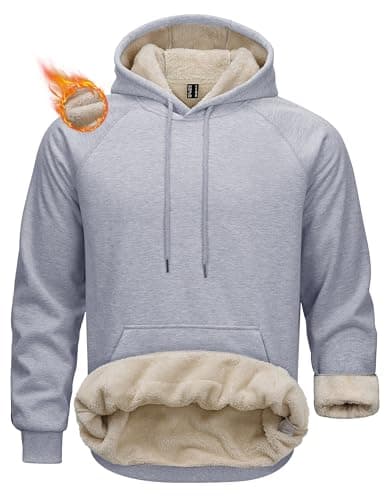 Image of MAGCOMSEN Mens Sherpa Cotton Hoodie Thick Warm Winter Hooded Sweatshirt Casual Fur Pullover Light Grey, M