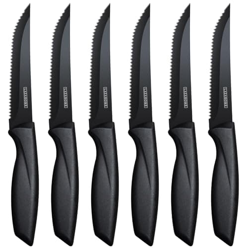 Image of LAZAHOME Steak Knives Set of 6, Serrated Edge Stainless Steel Kitchen Knife with Ergonomic Handle, Dishwasher Safe, Rust-Proof