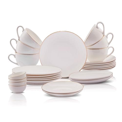 Image of Karaca Marcelo Gold Breakfast Set for 6 People - 26-Piece Crockery Set with Plates and Bowls Set, New Generation Bone, Round Serveware Set & White Gold Dinner Set