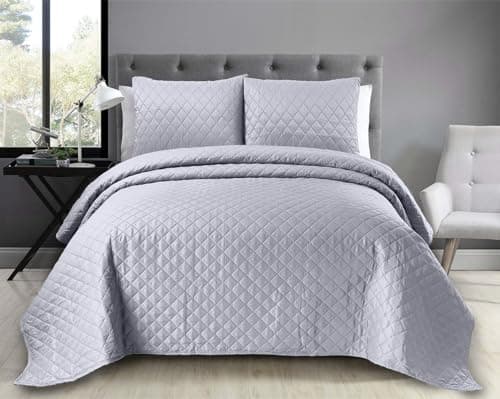 Image of Luxury Quilted Embossed Bedspread Set with Pillow Shams - Elegant 3 Piece Bed Throw - Single, Double, King Sizes (Silver, Super King)
