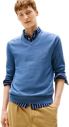 Image of Tommy Hilfiger Men’s Essential Cotton V-Neck Jumper, Blue (Petrol Blue Heather), XXL