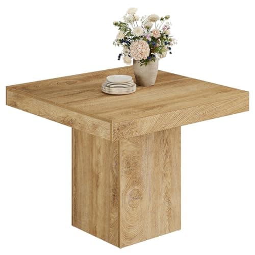Image of Tribesigns Square Dining Table for 4, 100 cm Farmhouse Small Kitchen Dinner Table with Sturdy Pedestal Base, Wooden Dining Room Furniture for Home Dining Room, Living Room, Kitchen, Natural