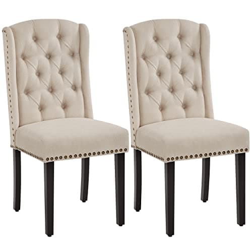 Image of Yaheetech Upholstered Button Tufted Dining Room Chairs Set of 2 Kitchen Chairs with Nailhead Trims and Solid Legs for Home, Restaurant, Beige