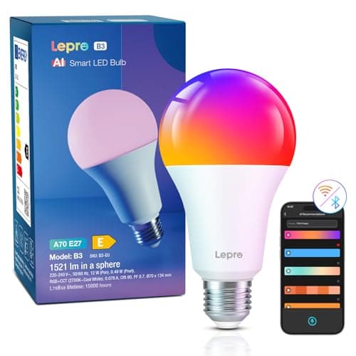 Image of Lepro AI Smart Bulb E27, 1520LM Colour Changing Light Bulb, 12W(100W) WiFi Bulbs, Voice Control, Schedule & Timer, Work with Alexa & Google Assistant, Personalized AI Lighting Designer
