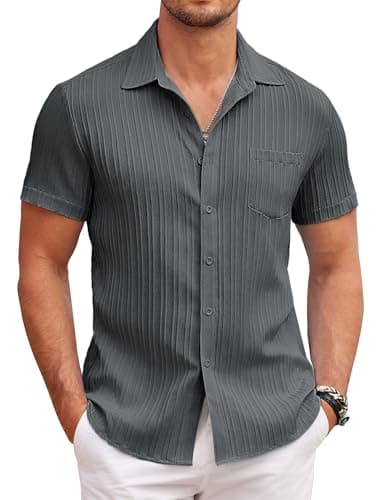 Image of COOFANDY Mens Casual Shirts Short Sleeved Hawaiian Summmer Beach Textured Shirt Regular Fit Tops with Pocket Dark Grey L