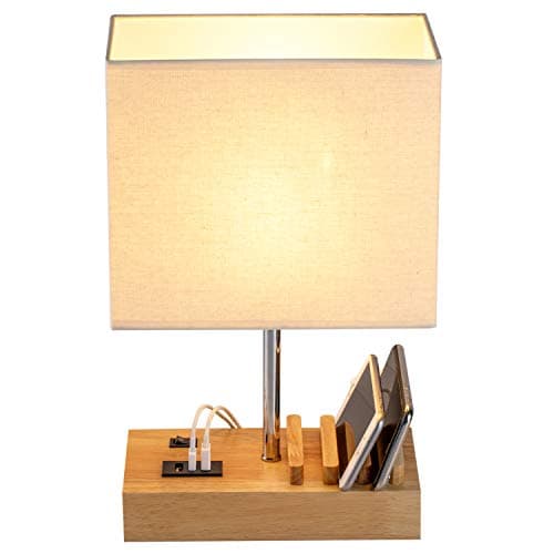 Image of Briever USB Bedside Table Lamp with 3 USB Charging Ports and Phone Charge Dock, Wooden Base, Cream Fabric Shade, Perfect for Bedroom, Living Room, Office