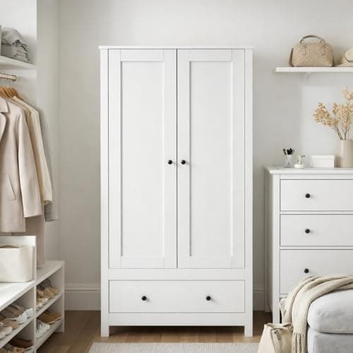 Image of Homelora Wooden 2 Door Wardrobe with Large Drawer and Hanging Rail, Freestanding Compact Wardrobe Armoire Closet Storage Cabinet for Small Bedrooms Dressing Room, Clothes Organiser White