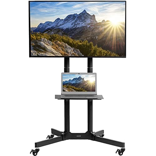 Image of VIVO Mobile TV Cart for 32 to 83 inch Screens up to 50kg, LCD LED OLED 4K Smart Flat and Curved Panels, Rolling Stand with Laptop DVD Shelf, Locking Wheels, Max VESA 600x400, Black, STAND-TV03E