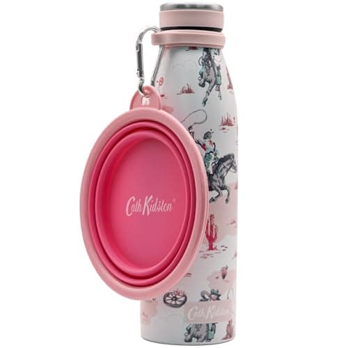 Image of Cath Kidston Travel Dog Water Bottle (500ml) with Collapsible Bowl (380ml), Portable Outdoor Travel Set for Pets, Leakproof Stainless Steel Water Bottle for Walking, Camping, Hiking - Cowgirl Print