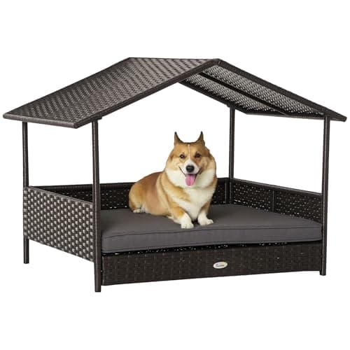 Image of PawHut Wicker Dog Bed, Elevated Rattan Dog House with Removable Cushion and Canopy, for Small and Medium Dogs, 98 x 69 x 70cm - Grey