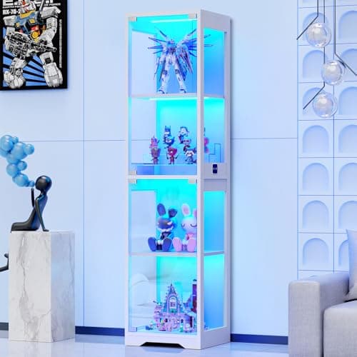 Image of BROTTAR 63" Tall Display Cabinets with Glass Doors, Glass Bookcase Bookshelf with 3 Color Lights & Human Body Sensor, File Cabinets for Office Living Room Bedroom Furniture, White