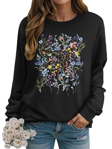 Image of Dresswel Women's Sweatshirts Vintage Wildflowers Botanical Floral Graphic Print Crewneck Long Sleeve Tops Ladies Jumpers Basic Cotton Pullover