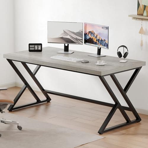 Image of LVB Grey Computer Office Desk, Industrial Wood PC Gaming Gray Desk for Home Office, Modern Wooden Metal Study Work Bedroom Table, Farmhouse Executive Writing Desk with Storage, 55 Inch, Light Grey Oak