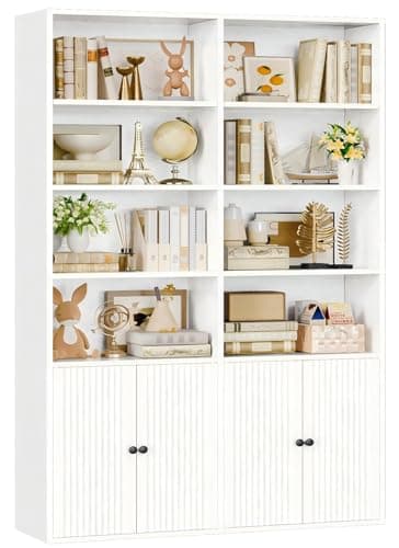 Image of IRONCK Bookcase with Doors, 180cm Tall Bookshelf, 6 Tier Living Room Bookcases, 8 Open Compartments, Free Standing Display Shelf, Wooden Shelving Storage Unit for Home Office 108×30×180cm (White)