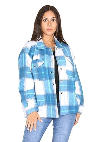 Image of WOOD QUAIL Women Check Fleece Casual Jacket Shacket Ladies Long Sleeve Top Shirt Tunic Oversize Baggy Jackets (Blue Rotary Print, M-L)