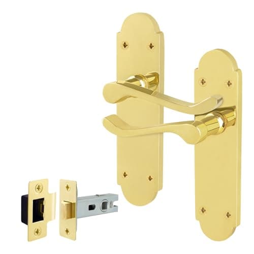 Image of EAI BrassDoor Handles with Latch, 1 Pair Internal Polished Brass Victorian Scroll Shaped Backplate, Latch 64mm