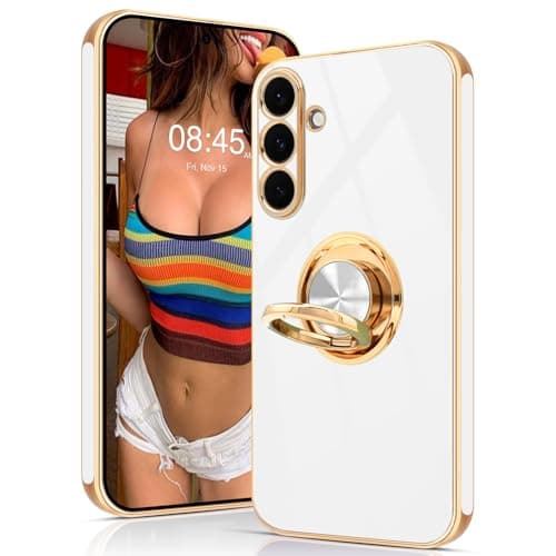 Image of Tveinan for Samsung Galaxy S25 FE 5G Case with 360° Rotation Ring Holder Stand, Slim Soft Shockproof Cover with Magnetic Car Holder, Flexible TPU Kickstand Phone Case for Samsung S25 FE 5G - White
