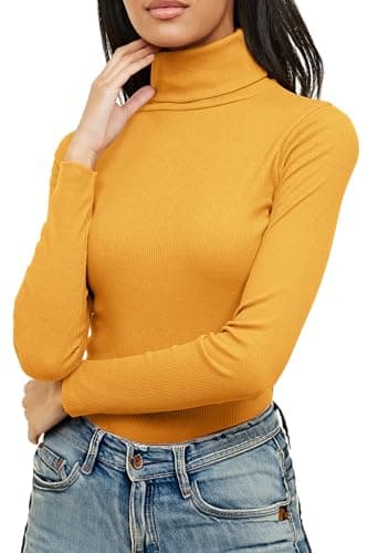 Image of Re Tech UK Ladies Plain Ribbed Cotton Polo Turtle Roll Neck Tunic Top Jumper Full Sleeve, Mustard, M/L 12-14