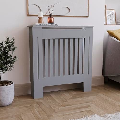 Image of Vida Designs Chelsea Radiator Cover Olive Grey - Small - Modern Vertical Slat Design For Optimal Heat Circulation - H82xW78xD19cm - Painted MDF Cabinet Ideal For Living Room & Hallway