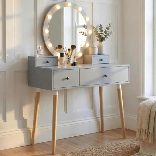 Image of Blisswood Dressing Table with Led Light & Round Mirror, Grey Vanity Desk with 2 Drawer & 3 Colour Adjustable Brightness Mirror, Modern Make Up Table For Bedroom & Perfect Girls Gift (Grey)