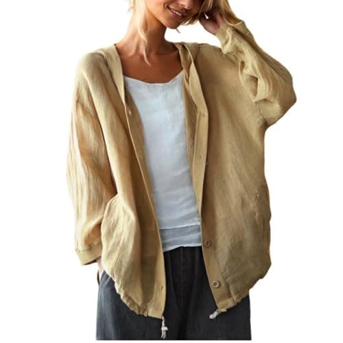 Image of Womens Denim Jackets Women's Linen Hoodeis Oversized Vintage Long Sleeve Lightweight Fashion Hooded Jackets Ladies Casual Cardigan Loose Fit Plain Button Down Thin Shirts with Pockets Khaki