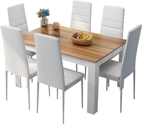 Image of Mondeer Dining Table and Chairs Set 6, Dining Room Sets High Back Faux Leather Chair, for Kitchen Home Office, 138 x 90 x 75 cm, Oak Table White Chairs