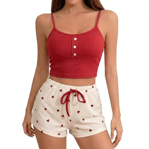 Image of Zilaro Women's Short Pyjamas Set, 2 Piece Pjs for Women Sets, Summer Soft Sleeveless Tank Top and Shorts Soft Cotton Pj Sets, Heart Print Crop Top Nightwear Camisole Loungewear Sleepwear Red