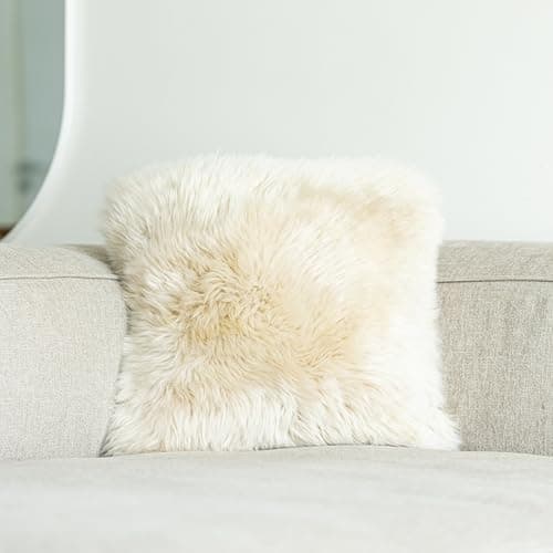 Image of Nordic Sheep Sheepskin Cushion Covers 40x40 cm | Durable New Zealand Long-Hair for a Nordic Style | Perfect Fluffy Pillows for Sofa, Chair & Bed | Color: Beige