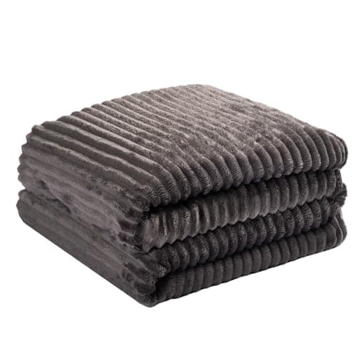 Image of OHS Ribbed Fleece Throw Blanket - Decorative Soft Warm Comfy Unique Texture for Living Room Sofa, Easy Care, 125 x 150cm - Charcoal