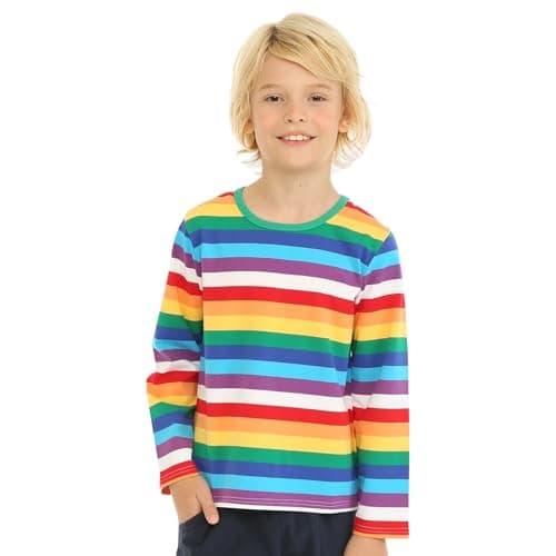 Image of Mud Kingdom Boys Long Sleeve T Shirt Crew Neck Rainbow Stripe T-Shirts for Baby Boy Cotton Tops Green 12-18 Months