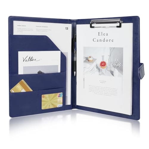 Image of OFFCUP A4 Conference Folder, Leather Portfolio Folder, Multifunctional Foldover Document Resume File, Business Portfolio Organiser Document Bag with Clipboard File Sleeve Card Holder Pockets (Blue)